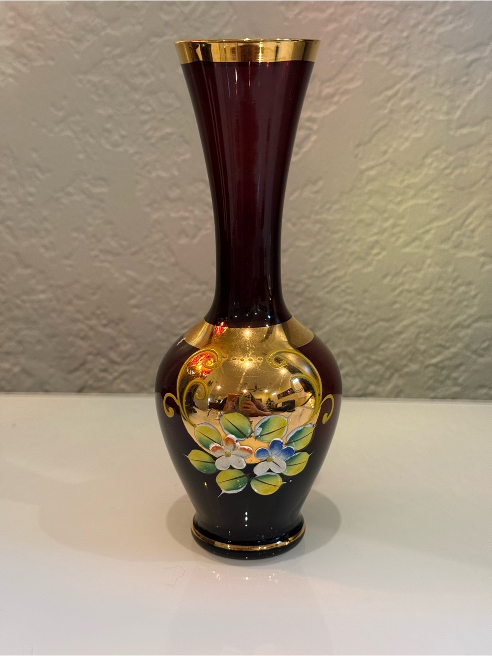 Vintage Czech Bohemian Hand Painted &
Gilded Glass Vase Amethyst - 7"